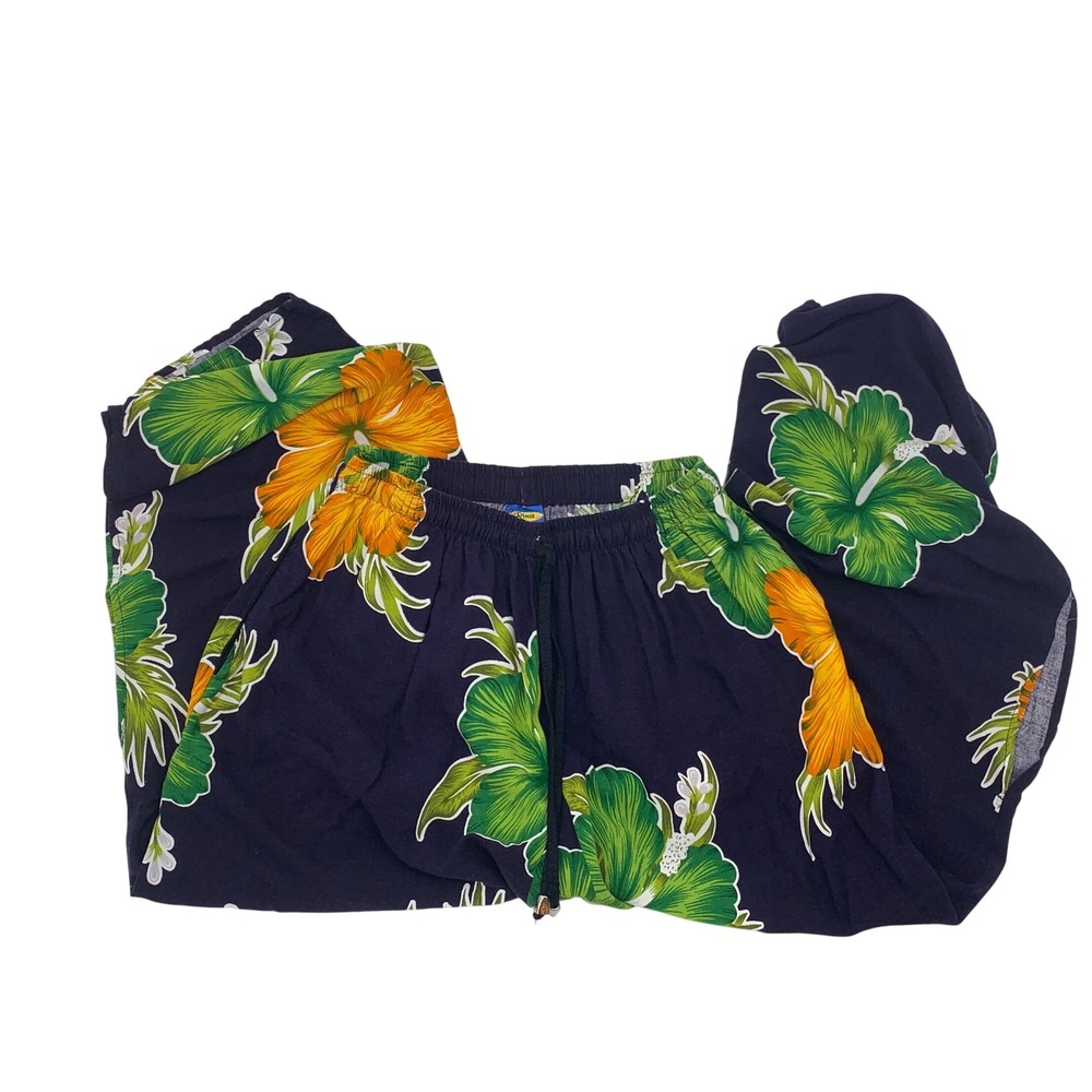 Rima St. Maarten Tropical Hibiscus Floral Wide Leg Drawstring Pants Navy Blue OS